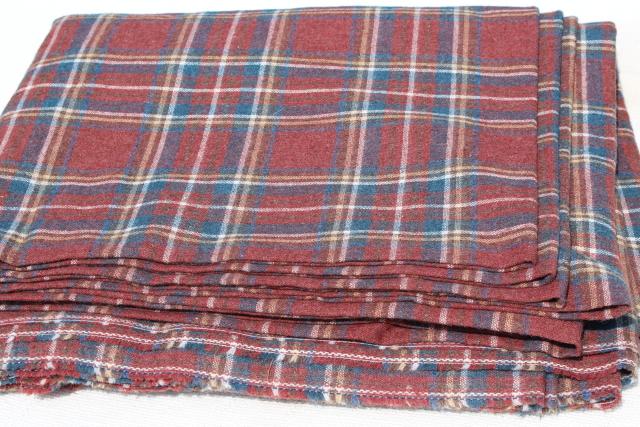 vintage wool fabric, heavy tartan plaid blanket / work shirt fabric muted red & blue
