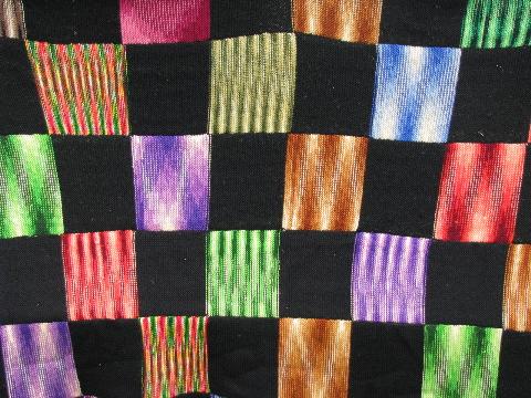 vintage wool lap blanket, knitted blocks in black w/ brights
