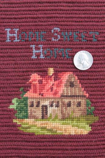 vintage wool petit point needlepoint Home Sweet Home motto picture w/ cottage