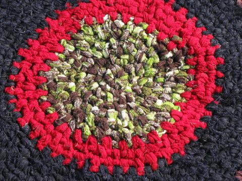 vintage wool rag rug, old crochet round throw rug, rich dark colors