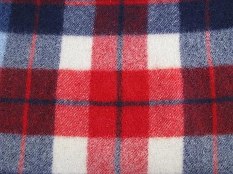 vintage wool throw, camp blanket plaid in red / blue / white