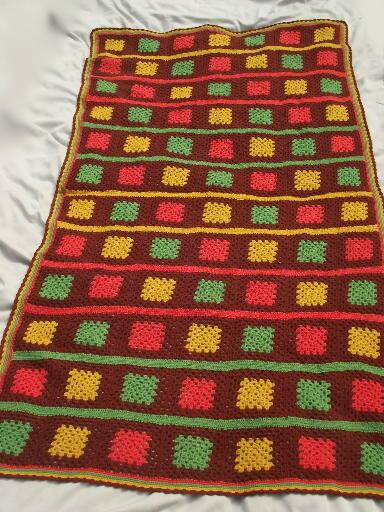 vintage wool yarn granny squares crochet afghan in warm harvest colors