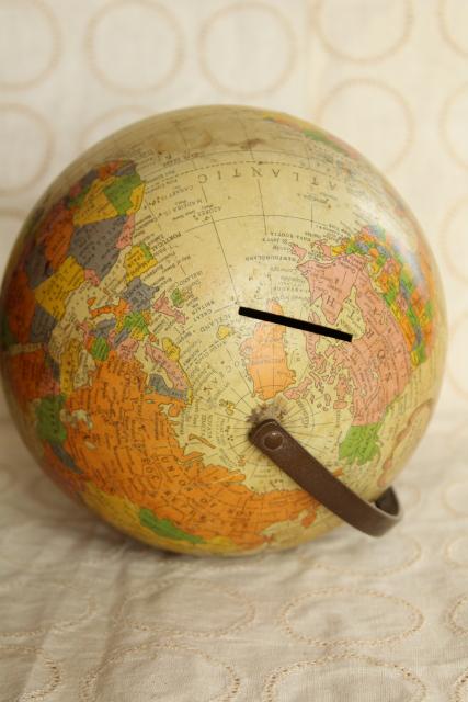 vintage world globe metal litho print bank, The Revere Replogle map tin globe