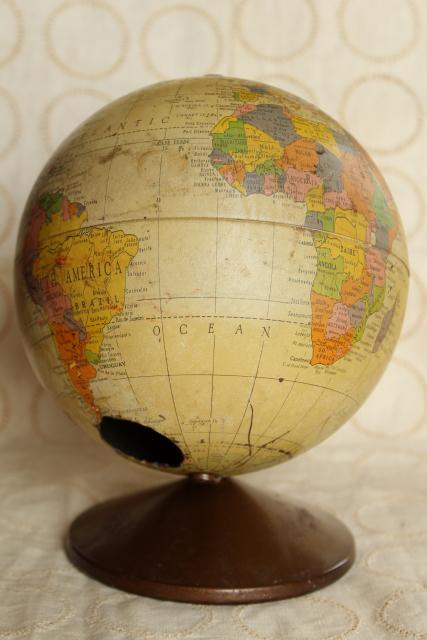 vintage world globe metal litho print bank, The Revere Replogle map tin globe