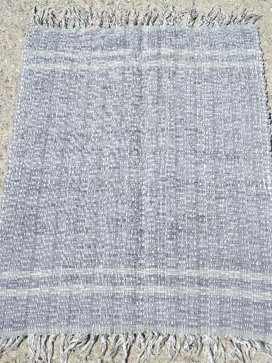 vintage woven cotton denim rag rug, worn old indigo blue jeans fabric