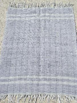 vintage woven cotton denim rag rug, worn old indigo blue jeans fabric