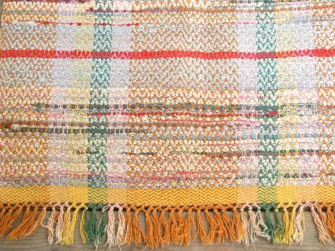 vintage woven cotton rag rug, old kitchen / porch runner, orange shades
