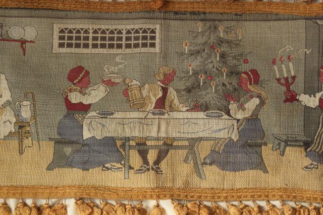 vintage woven tapestry wall hanging w/ old Christmas scene, Germany or Scandinavia?