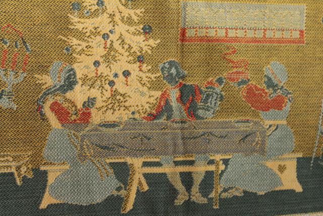 vintage woven tapestry wall hanging w/ old Christmas scene, Germany or Scandinavia?