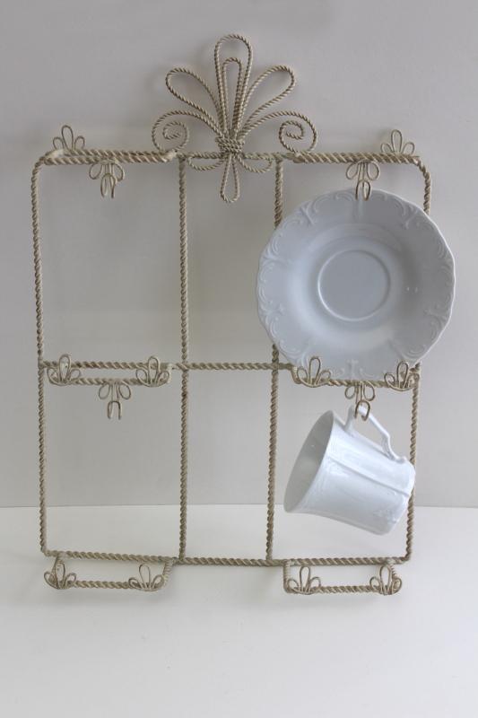 vintage wrought wire wall mount display rack for cups & saucers, french farmhouse style wirework