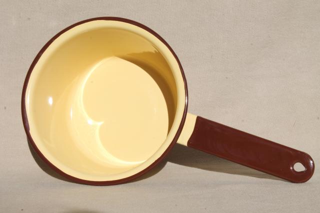 vintage yellow enamelware saucepans, never used enamel pots & pans set