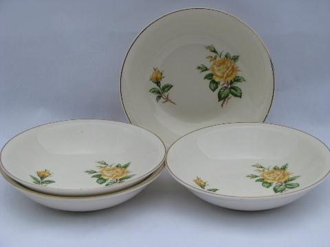 vintage yellow roses floral china fruit bowls, old Paden City pottery