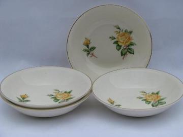 vintage yellow roses floral china fruit bowls, old Paden City pottery