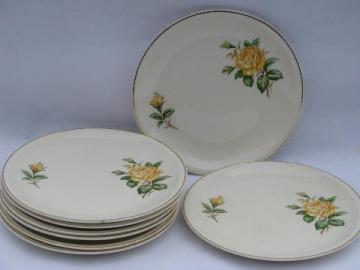 vintage yellow roses floral china salad plates, old Paden City pottery