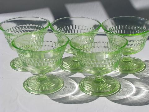 vintage yellow-green vaseline glass dishes, sherbets / ice cream glasses