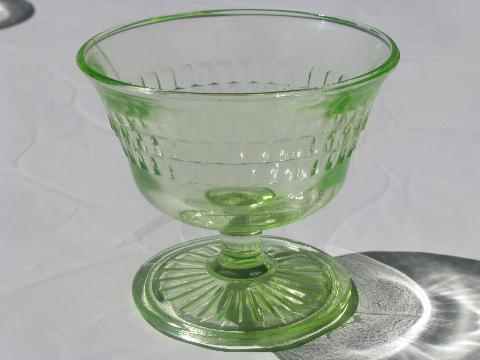 vintage yellow-green vaseline glass dishes, sherbets / ice cream glasses