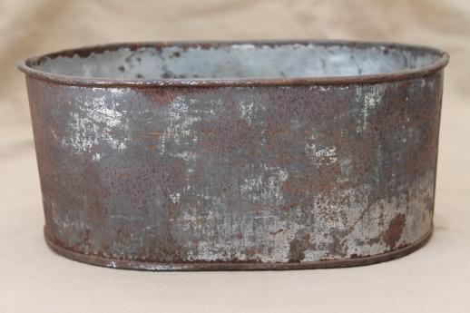 vintage zinc planter bucket, old rusty crusty primitive small metal tub