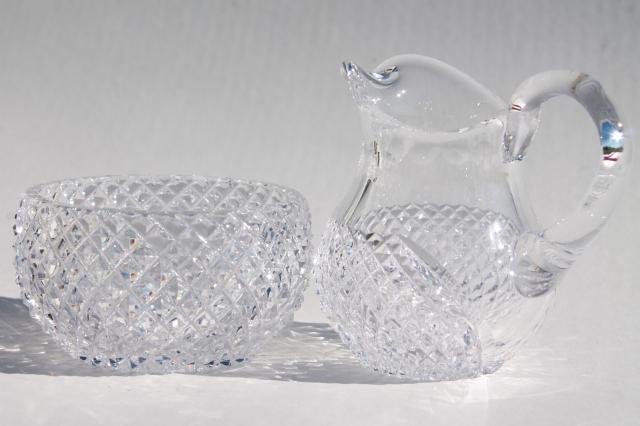 waffle diamond block cut crystal cream pitcher & sugar bowl set, vintage glassware
