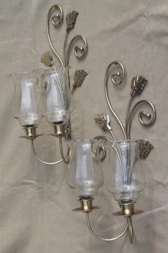 wall mount candle sconces, gold metal candle holder brackets w/ etched glass hurricane shades