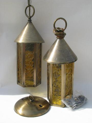 weathered solid brass / amber glass lantern hanging pendant light fixtures