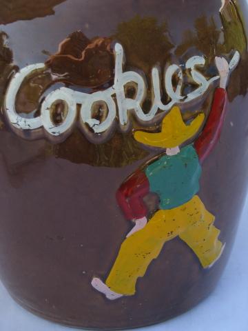 western cowboy, vintage hand-painted stoneware pottery, old crock cookie jar