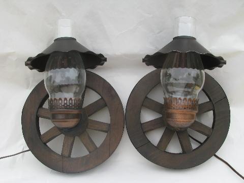 western wagon wheel vintage wood wall light sconces, pair sconce lamps