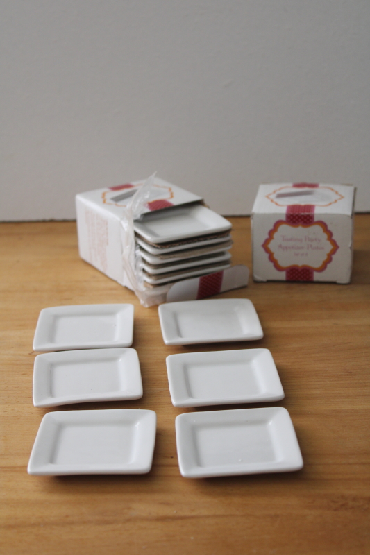 white ceramic tasting plates, tiny butter pat size china dishes, stackable square shape