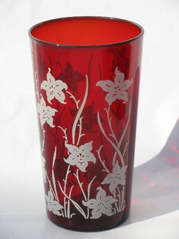 white flowers on royal ruby red glass tumblers, vintage glasses lot