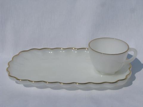 white w/ gold, shell edge star pattern vintage glass snack sets