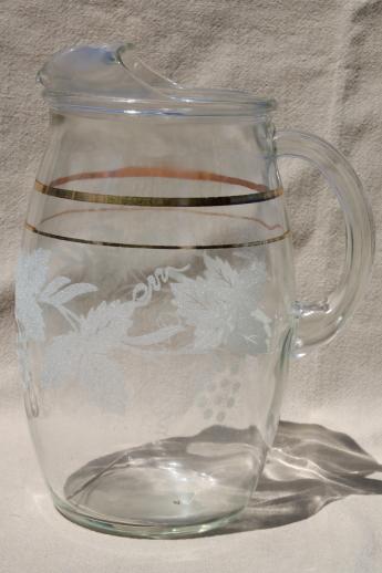 white grapes pattern glass pitcher &   tumblers or tea glasses, vintage lemonade set