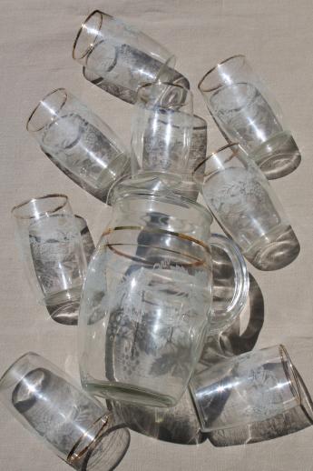 white grapes pattern glass pitcher &   tumblers or tea glasses, vintage lemonade set