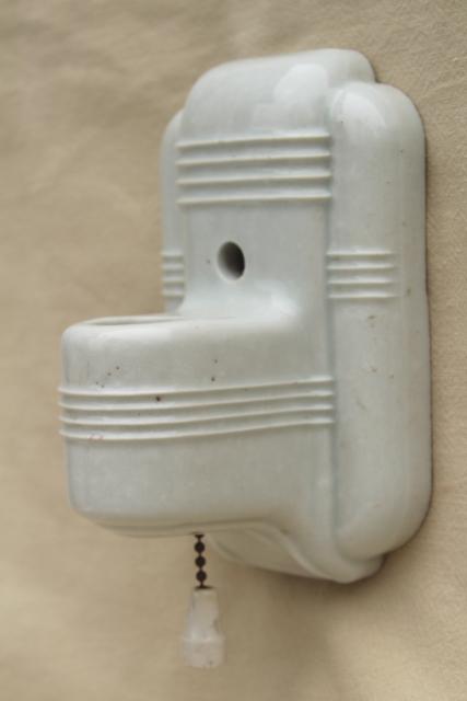 white ironstone china wall sconce light, art deco vintage pull chain switch single bulb fixture