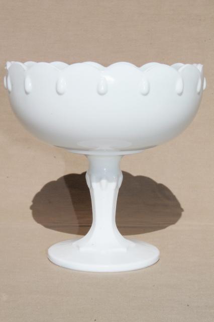 white milk glass pedestal compote / flower  bowl, vintage Indiana glass teardrop pattern