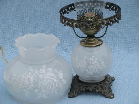 white roses on silver grey glass hurricane shade parlor lamp, Quoizel?