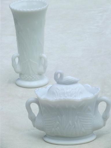 white swans milk glass vase & covered box, vintage Westmoreland glass