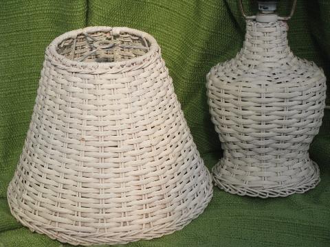 white wicker table or night stand lamp w/ shade, vintage cottage style