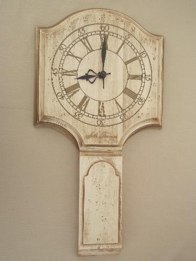 whitewash wood Seth Thomas wall clock, vintage country primitive white wash
