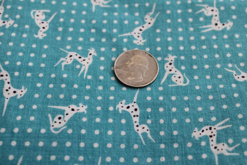 whole sack vintage print cotton feedsack fabric, 1950s blue green w/ dalmatian dogs
