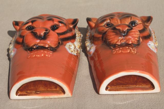 wild tiger wall pocket planters / vases, pair of retro ceramic tigers