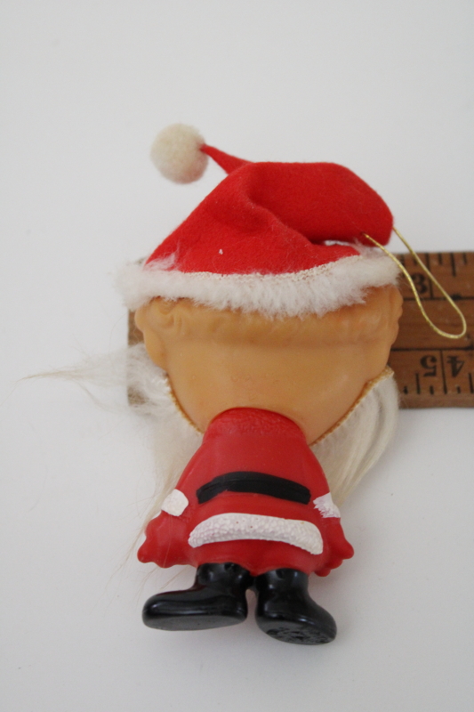 winking plastic Santa Christmas ornament, vintage Ninohara Japan elf in Santa suit, furry beard