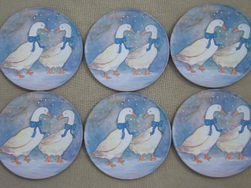 winter snow geese goose w/ blue bow tin coasters set, 80s vintage