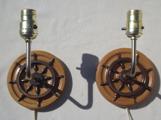 wood ship's wheel wall sconce lamps, vintage sconces w/ nautical theme