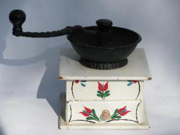working hand-crank coffee grinder, vintage reproduction, painted design