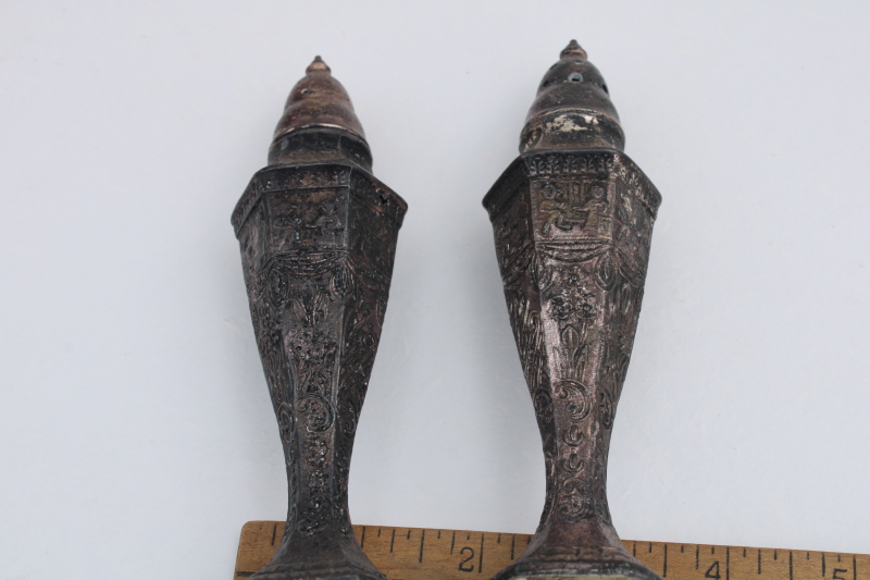worn antique metal tall shakers, Egyptian revival vintage Cleopatra Lotus Blossom silverplate