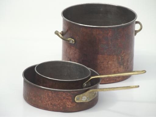 worn old copper pots & pans, vintage copper stockpot, saucepans lot