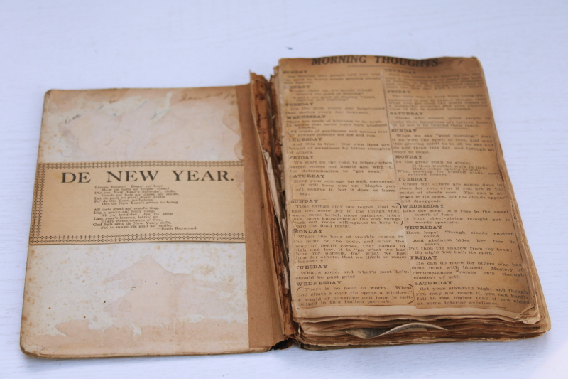 worn old leather bound book turned scrapbook, inspirational Morning Thoughts newspaper clippings