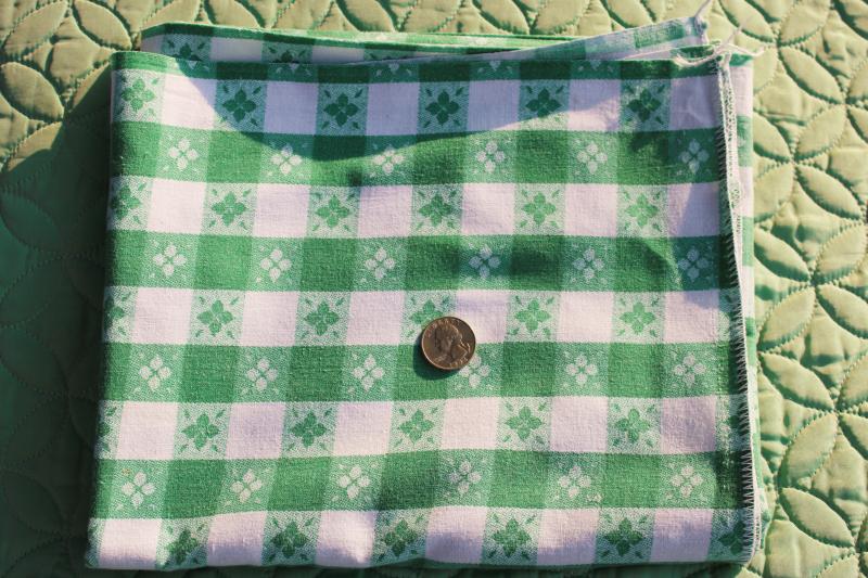 worn soft vintage cotton feedsack fabric, faded print, jade green checked tablecloth