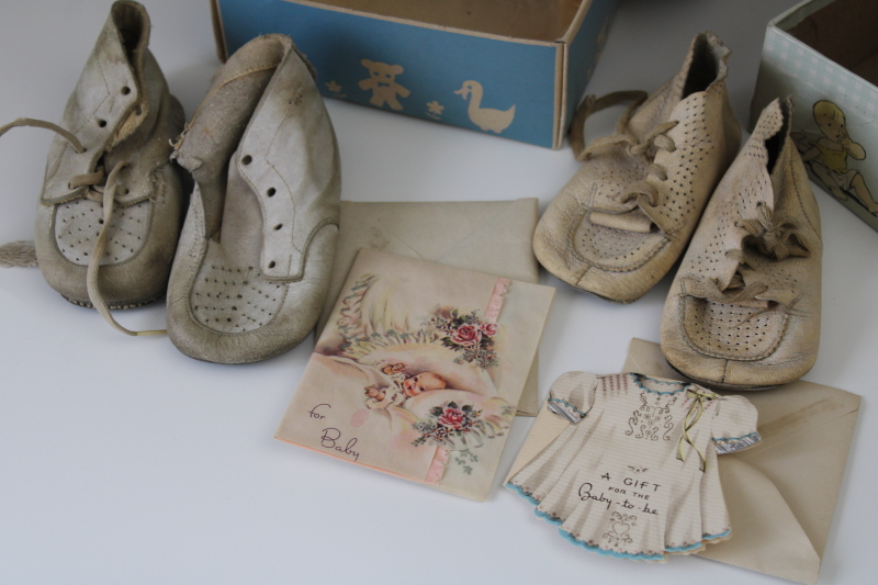 worn white leather infant baby shoes w/ print shoeboxes  gift cards 1940s vintage