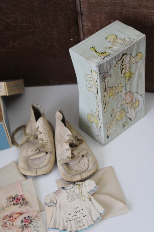 worn white leather infant baby shoes w/ print shoeboxes  gift cards 1940s vintage