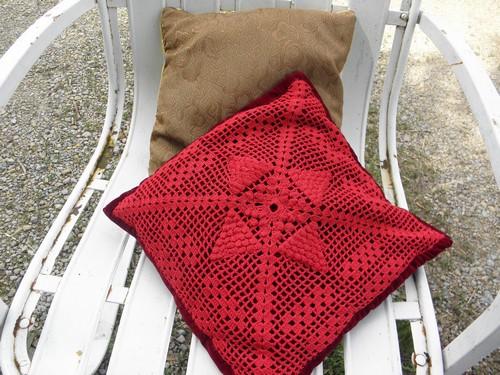 yellow gold & barn red lace doily pillows, vintage scatter pillow lot